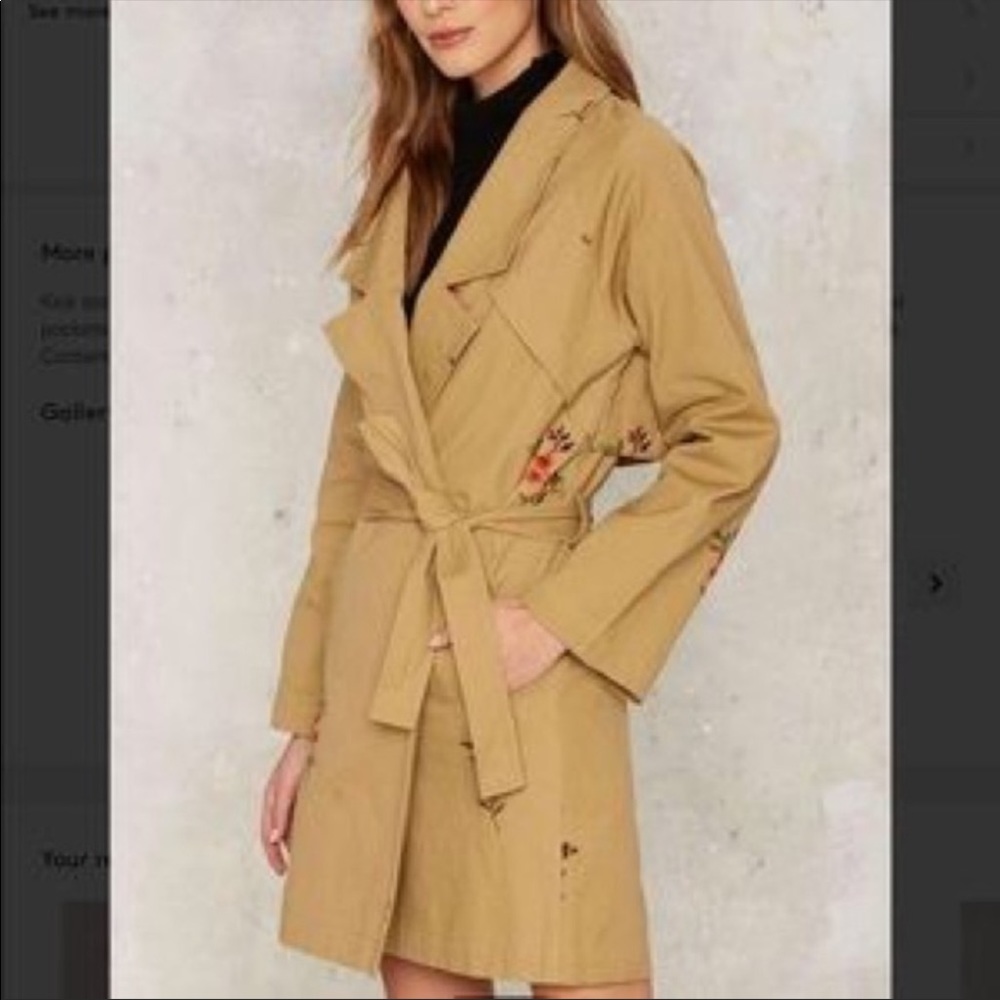 NWOT Nasty Gal Khaki Embroidered Trench Coat - Picture 2 of 8